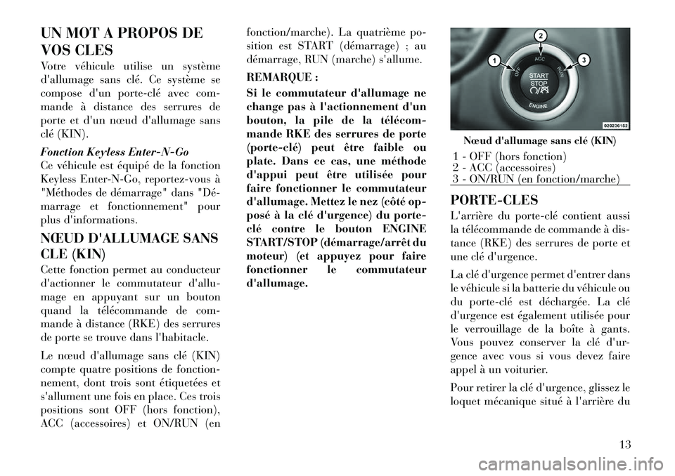 Lancia Thema 2012  Notice dentretien (in French) UN MOT A PROPOS DE 
VOS CLES 
Votre véhicule utilise un système 
dallumage sans clé. Ce système se
compose dun porte­clé avec com-
mande à distance des serrures de
porte et dun nœud dallum
