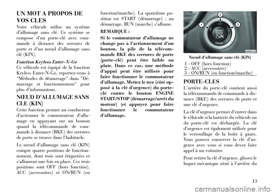Lancia Thema 2012 Notice dentretien (in French) UN MOT A PROPOS DE
VOS CLES
Votre véhicule utilise un système
dallumage sans clé. Ce système se
compose dun porteÂclé avec com-
mande à distance des serrures de
porte et dun nœud dallum Lancia Thema 2012 Notice dentretien (in French) UN MOT A PROPOS DE
VOS CLES
Votre véhicule utilise un système
dallumage sans clé. Ce système se
compose dun porteÂclé avec com-
mande à distance des serrures de
porte et dun nœud dallum