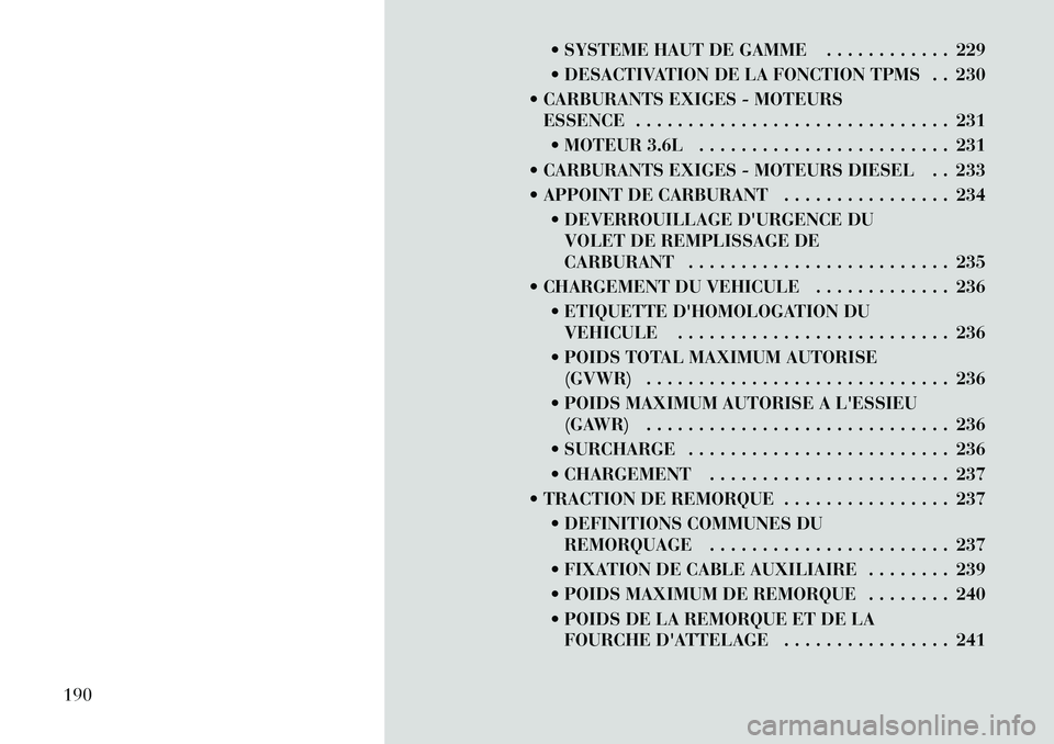 Lancia Thema 2011 Notice dentretien (in French) SYSTEME HAUT DE GAMME . . . . . . . . . . . . 229
DESACTIVATION DE LA FONCTION TPMS . . 230
CARBURANTS EXIGES - MOTEURS ESSENCE . . . . . . . . . . . . . . . . . . . . . . . . . . . . . . 231
Lancia Thema 2011 Notice dentretien (in French) SYSTEME HAUT DE GAMME . . . . . . . . . . . . 229
DESACTIVATION DE LA FONCTION TPMS . . 230
CARBURANTS EXIGES - MOTEURS ESSENCE . . . . . . . . . . . . . . . . . . . . . . . . . . . . . . 231
