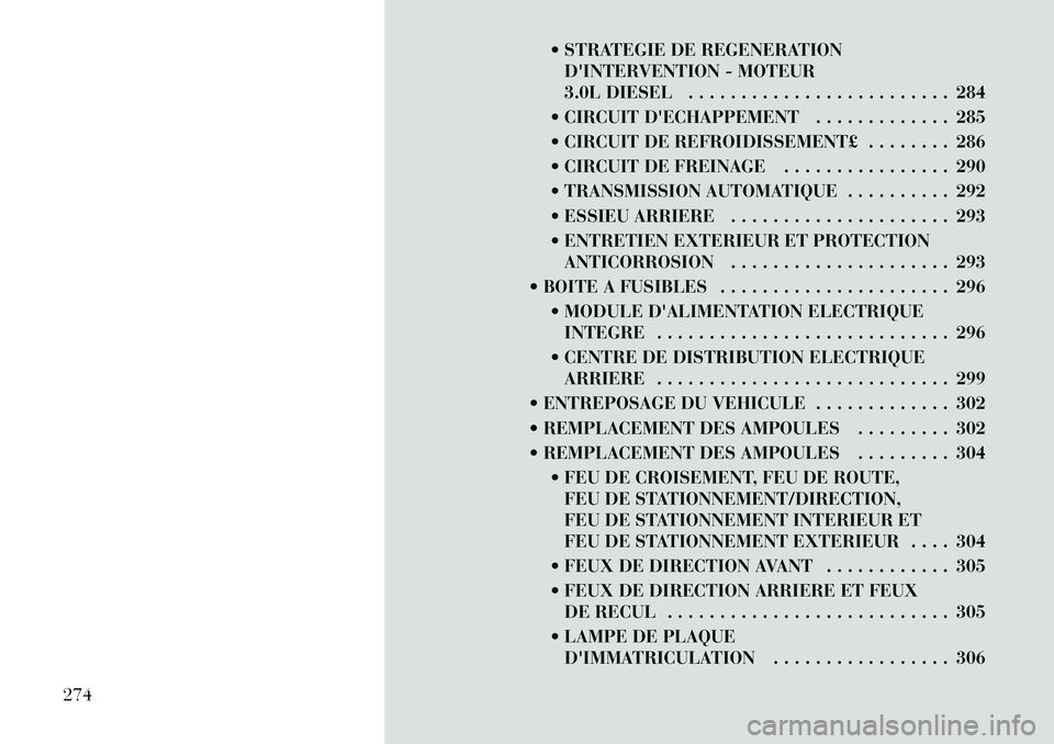 Lancia Thema 2011  Notice dentretien (in French)  STRATEGIE DE REGENERATIONDINTERVENTION - MOTEUR 
3.0L DIESEL . . . . . . . . . . . . . . . . . . . . . . . . . 284
 CIRCUIT DECHAPPEMENT . . . . . . . . . . . . . 285 
 CIRCUIT DE REFROIDISSEMEN