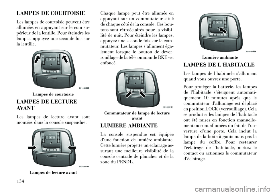 Lancia Thema 2013 Notice dentretien (in French) LAMPES DE COURTOISIE
Les lampes de courtoisie peuvent être
allumées en appuyant sur le coin su-
périeur de la lentille. Pour éteindre les
lampes, appuyez une seconde fois sur
la lentille.
LAMPES D Lancia Thema 2013 Notice dentretien (in French) LAMPES DE COURTOISIE
Les lampes de courtoisie peuvent être
allumées en appuyant sur le coin su-
périeur de la lentille. Pour éteindre les
lampes, appuyez une seconde fois sur
la lentille.
LAMPES D