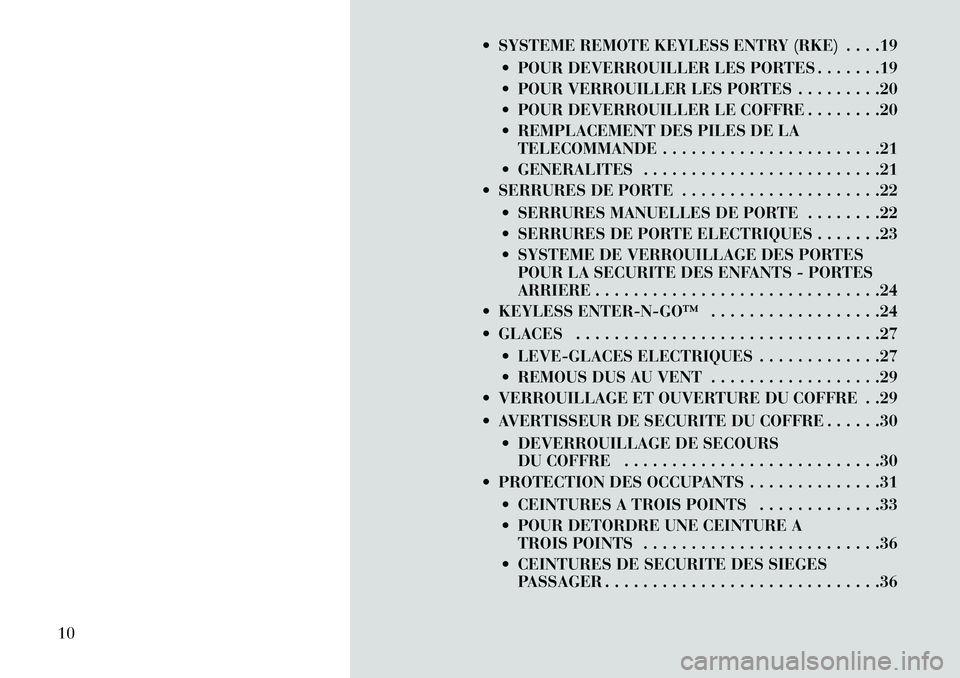 Lancia Thema 2013  Notice dentretien (in French)  SYSTEME REMOTE KEYLESS ENTRY (RKE) . . . .19 POUR DEVERROUILLER LES PORTES . . . . . . .19
 POUR VERROUILLER LES PORTES . . . . . . . . .20
 POUR DEVERROUILLER LE COFFRE . . . . . . . .20
 REMPL