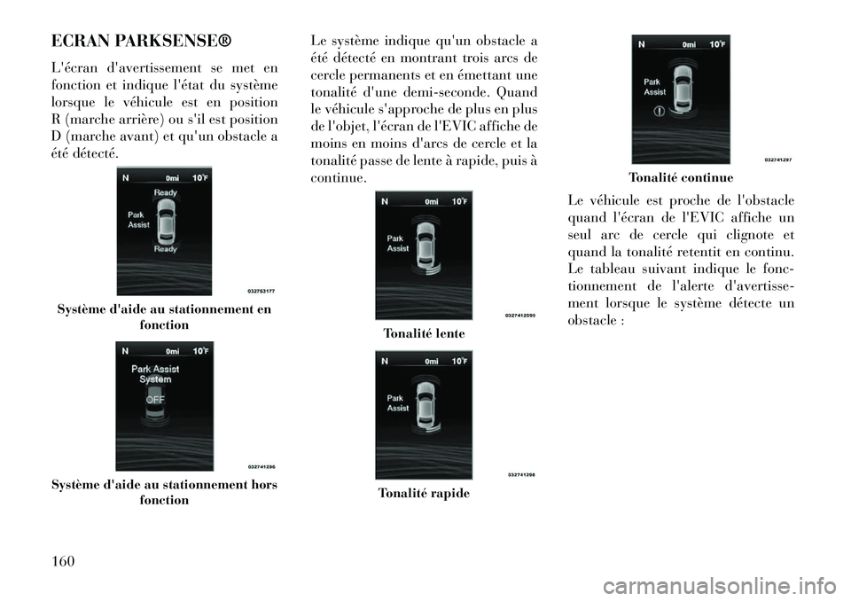 Lancia Thema 2013 Notice dentretien (in French) ECRAN PARKSENSE®
Lécran davertissement se met en
fonction et indique létat du système
lorsque le véhicule est en position
R (marche arrière) ou sil est position
D (marche avant) et quun obs Lancia Thema 2013 Notice dentretien (in French) ECRAN PARKSENSE®
Lécran davertissement se met en
fonction et indique létat du système
lorsque le véhicule est en position
R (marche arrière) ou sil est position
D (marche avant) et quun obs