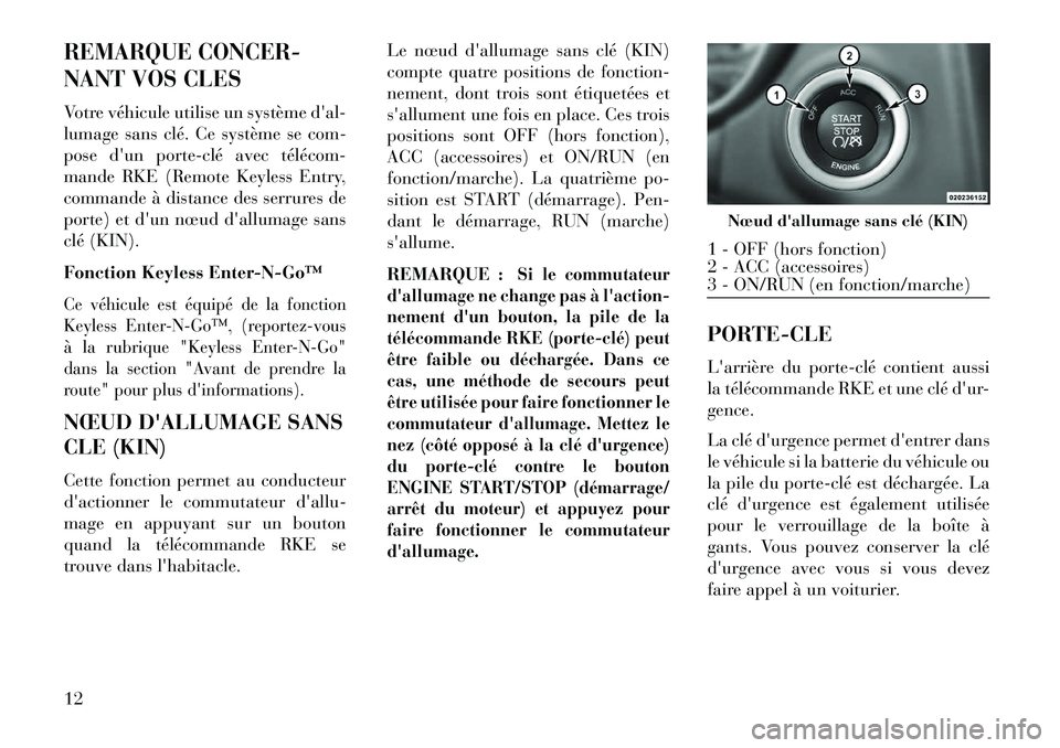 Lancia Thema 2013  Notice dentretien (in French) REMARQUE CONCER-
NANT VOS CLESVotre véhicule utilise un système dal-
lumage sans clé. Ce système se com-
pose dun porte­clé avec télécom­
mande RKE (Remote Keyless Entry,
commande à distan