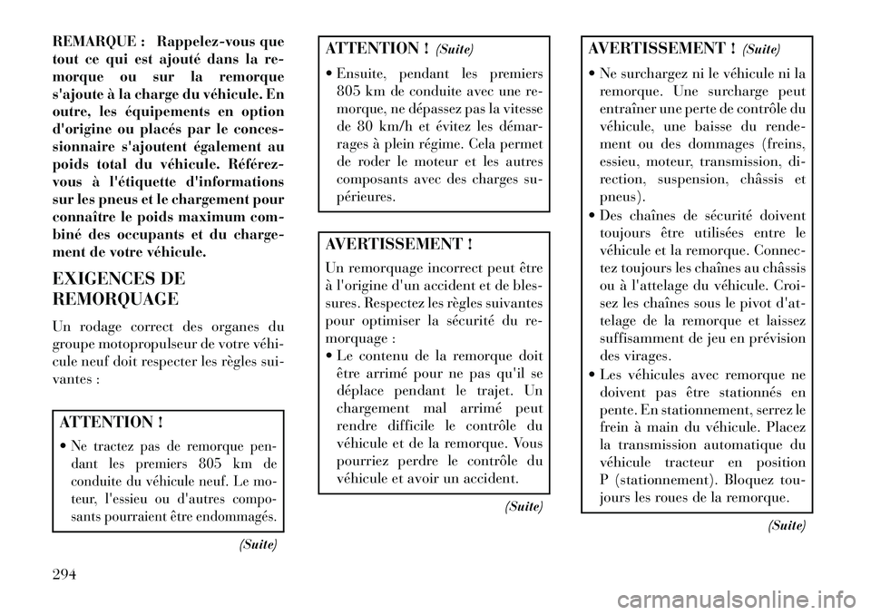 Lancia Thema 2013 Notice dentretien (in French) REMARQUE :
Rappelez-vous que
tout ce qui est ajouté dans la re-
morque ou sur la remorque
sajoute à la charge du véhicule. En
outre, les équipements en option
dorigine ou placés par le conces-
Lancia Thema 2013 Notice dentretien (in French) REMARQUE :
Rappelez-vous que
tout ce qui est ajouté dans la re-
morque ou sur la remorque
sajoute à la charge du véhicule. En
outre, les équipements en option
dorigine ou placés par le conces-