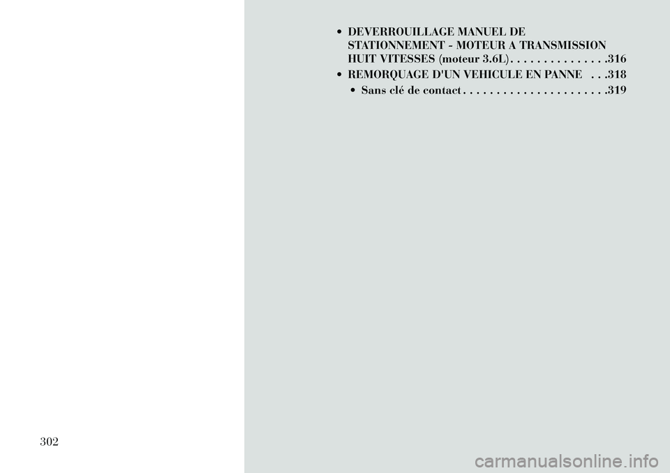 Lancia Thema 2013 Notice dentretien (in French) DEVERROUILLAGE MANUEL DESTATIONNEMENT - MOTEUR A TRANSMISSION
HUIT VITESSES (moteur 3.6L) . . . . . . . . . . . . . . .316
REMORQUAGE DUN VEHICULE EN PANNE . . .318 Sans clé de contact . . . . Lancia Thema 2013 Notice dentretien (in French) DEVERROUILLAGE MANUEL DESTATIONNEMENT - MOTEUR A TRANSMISSION
HUIT VITESSES (moteur 3.6L) . . . . . . . . . . . . . . .316
REMORQUAGE DUN VEHICULE EN PANNE . . .318 Sans clé de contact . . . .