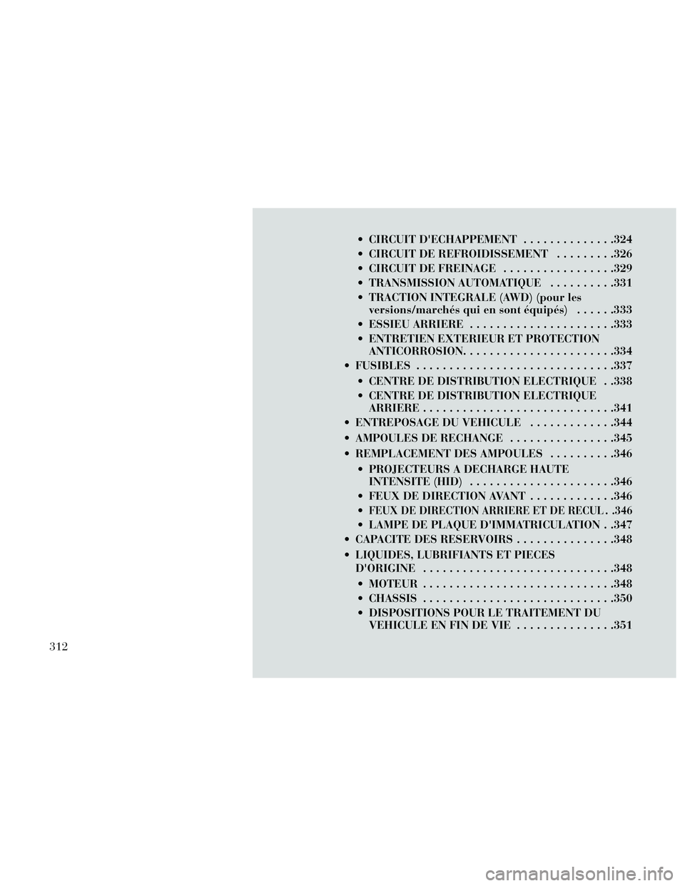 Lancia Thema 2014 Notice dentretien (in French) CIRCUIT DECHAPPEMENT..............324
CIRCUIT DE REFROIDISSEMENT .........326
CIRCUIT DE FREINAGE .................329
TRANSMISSION AUTOMATIQUE ..........331
TRACTION INTEGRALE (AWD) (pour les v Lancia Thema 2014 Notice dentretien (in French) CIRCUIT DECHAPPEMENT..............324
CIRCUIT DE REFROIDISSEMENT .........326
CIRCUIT DE FREINAGE .................329
TRANSMISSION AUTOMATIQUE ..........331
TRACTION INTEGRALE (AWD) (pour les v