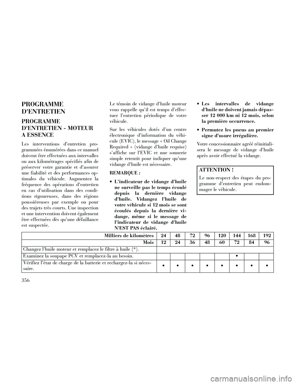 Lancia Thema 2014 Notice dentretien (in French) PROGRAMME
DENTRETIEN
PROGRAMME
DENTRETIEN - MOTEUR
A ESSENCE
Les interventions dentretien pro-
grammées énumérées dans ce manuel
doivent être effectuées aux intervalles
ou aux kilométrages s Lancia Thema 2014 Notice dentretien (in French) PROGRAMME
DENTRETIEN
PROGRAMME
DENTRETIEN - MOTEUR
A ESSENCE
Les interventions dentretien pro-
grammées énumérées dans ce manuel
doivent être effectuées aux intervalles
ou aux kilométrages s