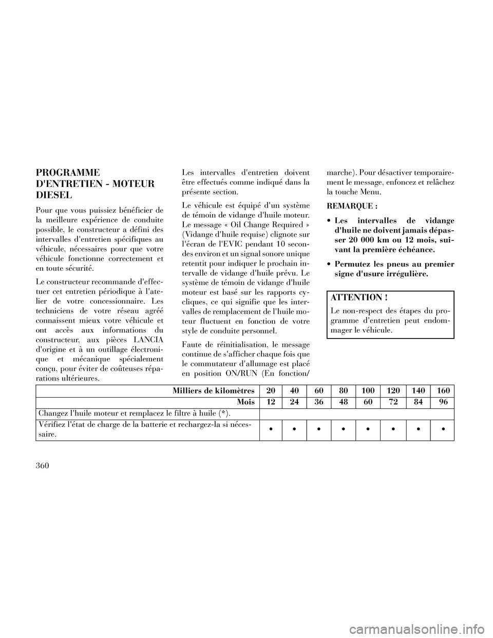Lancia Thema 2014 Notice dentretien (in French) PROGRAMME
DENTRETIEN - MOTEUR
DIESEL
Pour que vous puissiez bénéficier de
la meilleure expérience de conduite
possible, le constructeur a défini des
intervalles dentretien spécifiques au
véhic Lancia Thema 2014 Notice dentretien (in French) PROGRAMME
DENTRETIEN - MOTEUR
DIESEL
Pour que vous puissiez bénéficier de
la meilleure expérience de conduite
possible, le constructeur a défini des
intervalles dentretien spécifiques au
véhic