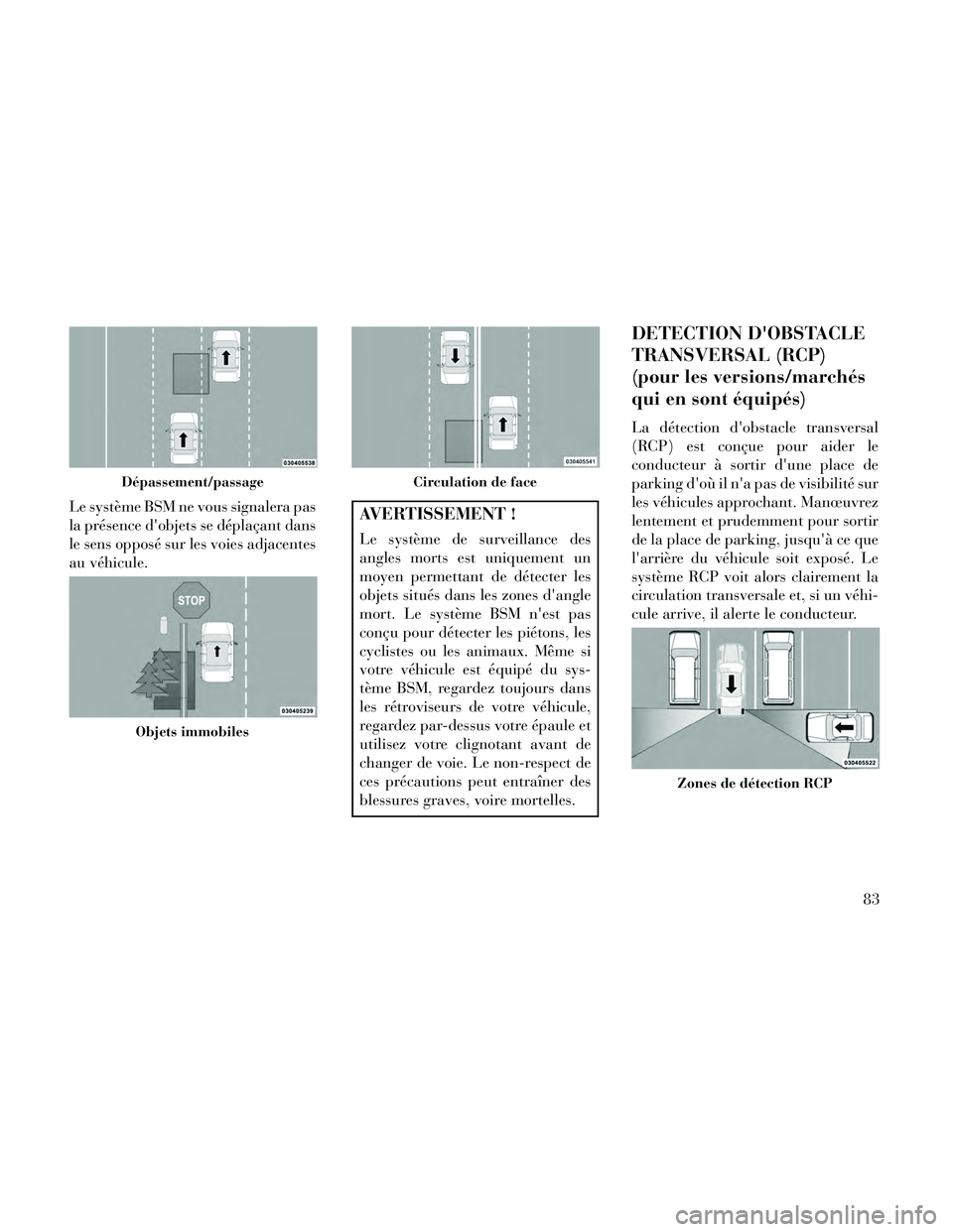 Lancia Thema 2014 Notice dentretien (in French) Le système BSM ne vous signalera pas
la présence dobjets se déplaçant dans
le sens opposé sur les voies adjacentes
au véhicule.AVERTISSEMENT !
Le système de surveillance des
angles morts est u Lancia Thema 2014 Notice dentretien (in French) Le système BSM ne vous signalera pas
la présence dobjets se déplaçant dans
le sens opposé sur les voies adjacentes
au véhicule.AVERTISSEMENT !
Le système de surveillance des
angles morts est u