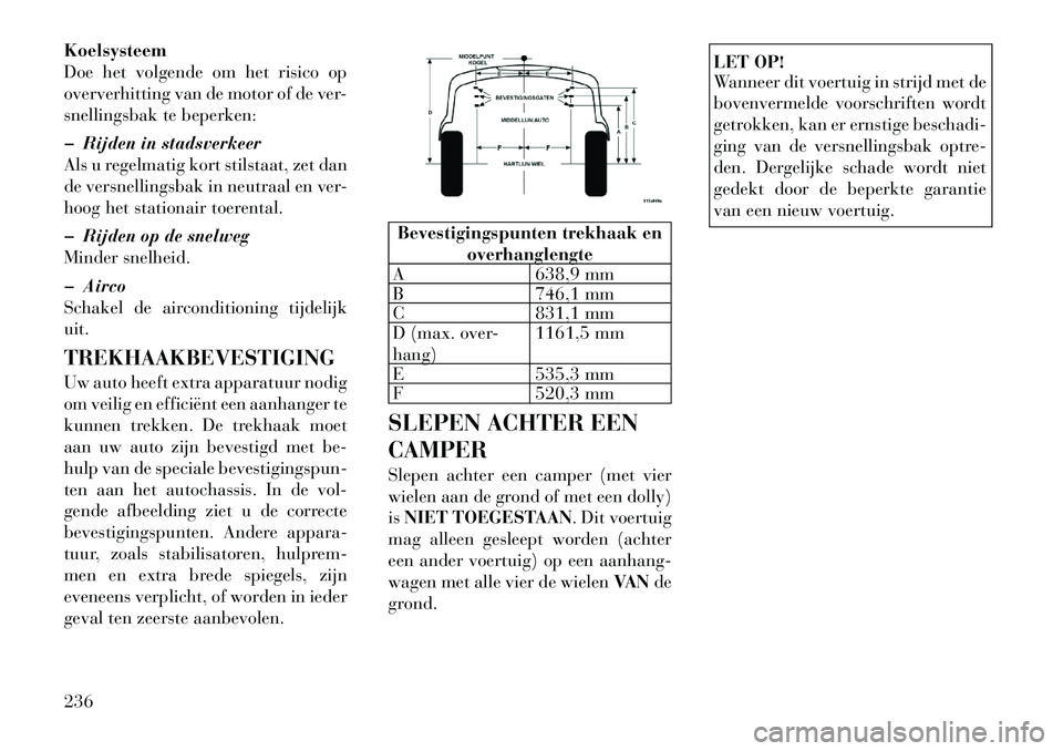 Lancia Thema 2011  Instructieboek (in Dutch) Koelsysteem 
Doe het volgende om het risico op
oververhitting van de motor of de ver-
snellingsbak te beperken: 
� Rijden in stadsverkeer 
Als u regelmatig kort stilstaat, zet dan
de versnellingsbak i