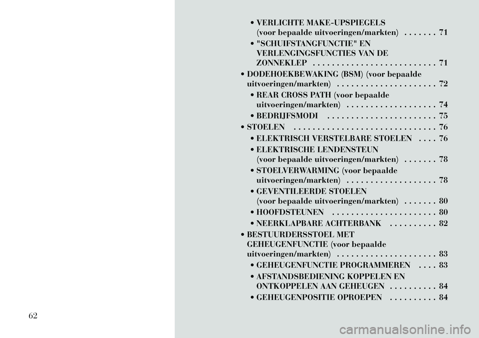 Lancia Thema 2012 Instructieboek (in Dutch) VERLICHTE MAKE-UPSPIEGELS(voor bepaalde uitvoeringen/markten) . . . . . . . 71
"SCHUIFSTANGFUNCTIE" EN VERLENGINGSFUNCTIES VAN DE
ZONNEKLEP . . . . . . . . . . . . . . . . . . . . . . . . . . 71
Lancia Thema 2012 Instructieboek (in Dutch) VERLICHTE MAKE-UPSPIEGELS(voor bepaalde uitvoeringen/markten) . . . . . . . 71
"SCHUIFSTANGFUNCTIE" EN VERLENGINGSFUNCTIES VAN DE
ZONNEKLEP . . . . . . . . . . . . . . . . . . . . . . . . . . 71