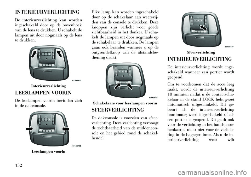 Lancia Thema 2013 Instructieboek (in Dutch) INTERIEURVERLICHTING
De interieurverlichting kan worden
ingeschakeld door op de bovenhoek
van de lens te drukken. U schakelt de
lampen uit door nogmaals op de lens
te drukken.
LEESLAMPEN VOORIN
De lee Lancia Thema 2013 Instructieboek (in Dutch) INTERIEURVERLICHTING
De interieurverlichting kan worden
ingeschakeld door op de bovenhoek
van de lens te drukken. U schakelt de
lampen uit door nogmaals op de lens
te drukken.
LEESLAMPEN VOORIN
De lee
