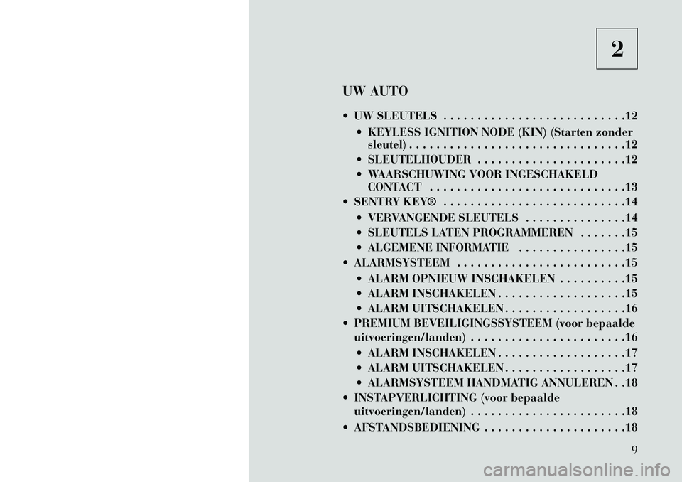 Lancia Thema 2013 Instructieboek (in Dutch) 2
UW AUTO
UW SLEUTELS . . . . . . . . . . . . . . . . . . . . . . . . . . .12 KEYLESS IGNITION NODE (KIN) (Starten zondersleutel) . . . . . . . . . . . . . . . . . . . . . . . . . . . . . . . .12
Lancia Thema 2013 Instructieboek (in Dutch) 2
UW AUTO
UW SLEUTELS . . . . . . . . . . . . . . . . . . . . . . . . . . .12 KEYLESS IGNITION NODE (KIN) (Starten zondersleutel) . . . . . . . . . . . . . . . . . . . . . . . . . . . . . . . .12