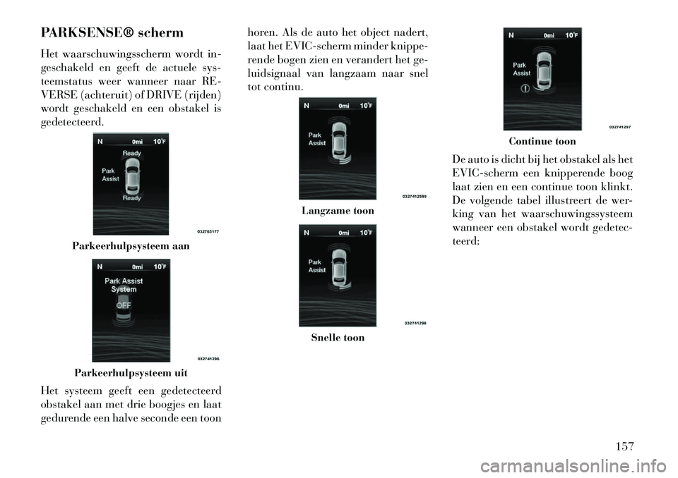 Lancia Thema 2013 Instructieboek (in Dutch) PARKSENSE® scherm
Het waarschuwingsscherm wordt in-
geschakeld en geeft de actuele sys-
teemstatus weer wanneer naar RE-
VERSE (achteruit) of DRIVE (rijden)
wordt geschakeld en een obstakel is
gedete Lancia Thema 2013 Instructieboek (in Dutch) PARKSENSE® scherm
Het waarschuwingsscherm wordt in-
geschakeld en geeft de actuele sys-
teemstatus weer wanneer naar RE-
VERSE (achteruit) of DRIVE (rijden)
wordt geschakeld en een obstakel is
gedete