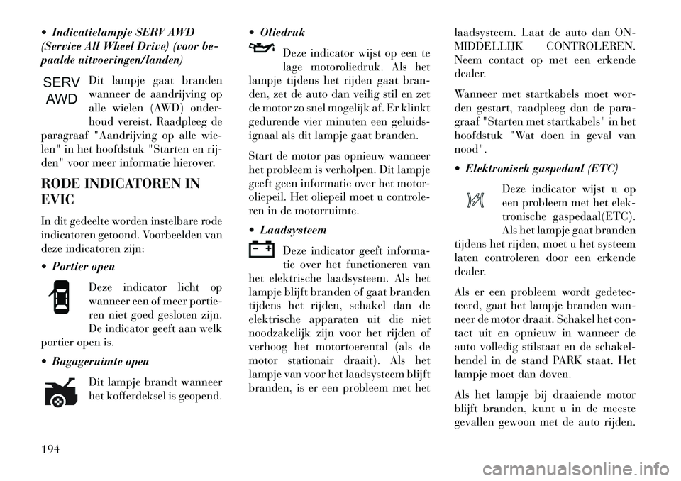 Lancia Thema 2013  Instructieboek (in Dutch)  Indicatielampje SERV AWD
(Service All Wheel Drive) (voor be-
paalde uitvoeringen/landen)Dit lampje gaat branden
wanneer de aandrijving op
alle wielen (AWD) onder-
houd vereist. Raadpleeg de
paragraa