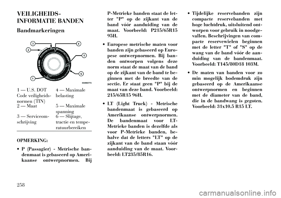 Lancia Thema 2013  Instructieboek (in Dutch) VEILIGHEIDS-
INFORMATIE BANDEN
Bandmarkeringen
OPMERKING:
 P (Passagier) - Metrische ban-denmaat is gebaseerd op Ameri-
kaanse ontwerpnormen. Bij P-Metrieke banden staat de let-
ter "P" op de zijkant