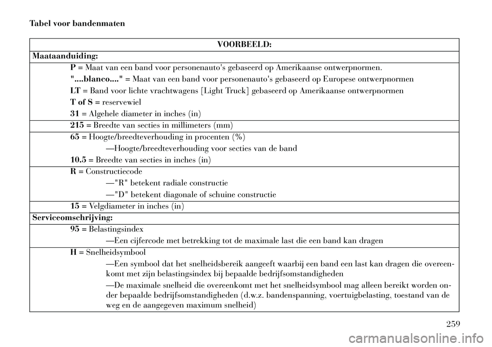 Lancia Thema 2013  Instructieboek (in Dutch) Tabel voor bandenmaten
VOORBEELD:
Maataanduiding: P= Maat van een band voor personenautos gebaseerd op Amerikaanse ontwerpnormen.
"....blanco...." = Maat van een band voor personenautos gebaseerd op