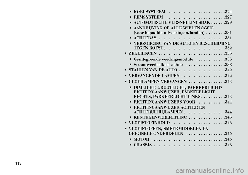 Lancia Thema 2013 Instructieboek (in Dutch) KOELSYSTEEM . . . . . . . . . . . . . . . . . . . . . . .324
REMSYSTEEM . . . . . . . . . . . . . . . . . . . . . . . .327
AUTOMATISCHE VERSNELLINGSBAK . . . . . .329
AANDRIJVING OP ALLE WIELE Lancia Thema 2013 Instructieboek (in Dutch) KOELSYSTEEM . . . . . . . . . . . . . . . . . . . . . . .324
REMSYSTEEM . . . . . . . . . . . . . . . . . . . . . . . .327
AUTOMATISCHE VERSNELLINGSBAK . . . . . .329
AANDRIJVING OP ALLE WIELE