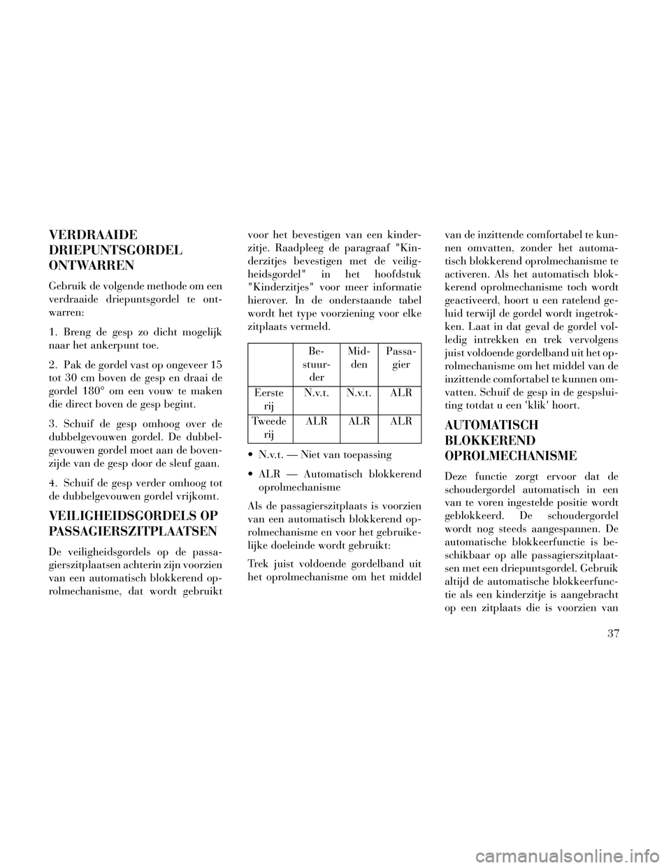 Lancia Thema 2014 Instructieboek (in Dutch) VERDRAAIDE
DRIEPUNTSGORDEL
ONTWARREN
Gebruik de volgende methode om een
verdraaide driepuntsgordel te ont-
warren:
1. Breng de gesp zo dicht mogelijk
naar het ankerpunt toe.
2. Pak de gordel vast op o Lancia Thema 2014 Instructieboek (in Dutch) VERDRAAIDE
DRIEPUNTSGORDEL
ONTWARREN
Gebruik de volgende methode om een
verdraaide driepuntsgordel te ont-
warren:
1. Breng de gesp zo dicht mogelijk
naar het ankerpunt toe.
2. Pak de gordel vast op o