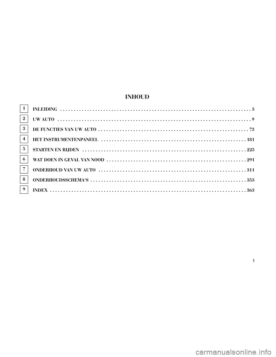 Lancia Thema 2014  Instructieboek (in Dutch) INHOUD
1INLEIDING .......................................................................3
2
UW AUTO ........................................................................\
9
3
DE FUNCTIES VAN UW AU