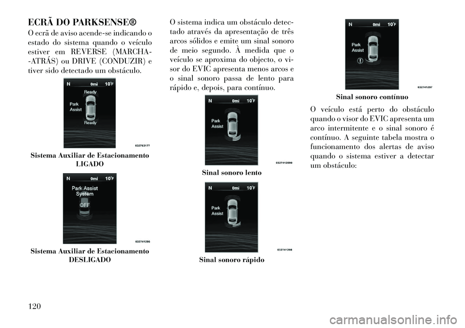 Lancia Thema 2012 Manual de Uso e Manutenção (in Portuguese) ECRÃ DO PARKSENSE®
O ecrã de aviso acende-se indicando o
estado do sistema quando o veículo
estiver em REVERSE (MARCHA-
-ATRÁS) ou DRIVE (CONDUZIR) e
tiver sido detectado um obstáculo.O sistem Lancia Thema 2012 Manual de Uso e Manutenção (in Portuguese) ECRÃ DO PARKSENSE®
O ecrã de aviso acende-se indicando o
estado do sistema quando o veículo
estiver em REVERSE (MARCHA-
-ATRÁS) ou DRIVE (CONDUZIR) e
tiver sido detectado um obstáculo.O sistem