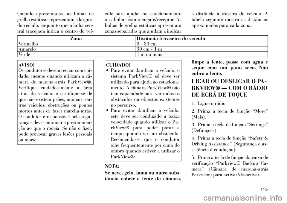 Lancia Thema 2012  Manual de Uso e Manutenção (in Portuguese) Quando apresentadas, as linhas de 
grelha estáticas representam a largura
do veículo, enquanto que a linha cen-
tral tracejada indica o centro do veí­culo para ajudar no estacionamento
ou alinhar 