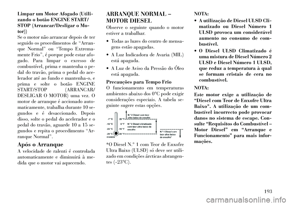 Lancia Thema 2012  Manual de Uso e Manutenção (in Portuguese) Limpar um Motor Afogado (Utili- 
zando o botão ENGINE START/
STOP (Arrancar/Desligar o Mo-tor))
Se o motor não arrancar depois de ter
seguido os procedimentos de “Arran-
que Normal” ou “Tempo 