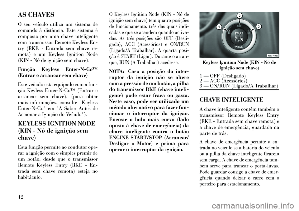 Lancia Thema 2013 Manual de Uso e Manutenção (in Portuguese) AS CHAVES
O seu veículo utiliza um sistema de
comando à distância. Este sistema é
composto por uma chave inteligente
com transmissor Remote Keyless En-
try (RKE - Entrada sem chave re-
mota) e um Lancia Thema 2013 Manual de Uso e Manutenção (in Portuguese) AS CHAVES
O seu veículo utiliza um sistema de
comando à distância. Este sistema é
composto por uma chave inteligente
com transmissor Remote Keyless En-
try (RKE - Entrada sem chave re-
mota) e um
