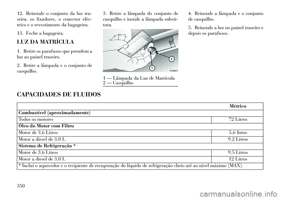 Lancia Thema 2013 Manual de Uso e Manutenção (in Portuguese) 12. Reinstale o conjunto da luz tra-
seira, os fixadores, o conector eléc
trico e o revestimento da bagageira.
13. Feche a bagageira.
LUZ DA MATRÍCULA
1. Retire os parafusos que prendem a
luz ao p Lancia Thema 2013 Manual de Uso e Manutenção (in Portuguese) 12. Reinstale o conjunto da luz tra-
seira, os fixadores, o conector eléc
trico e o revestimento da bagageira.
13. Feche a bagageira.
LUZ DA MATRÍCULA
1. Retire os parafusos que prendem a
luz ao p