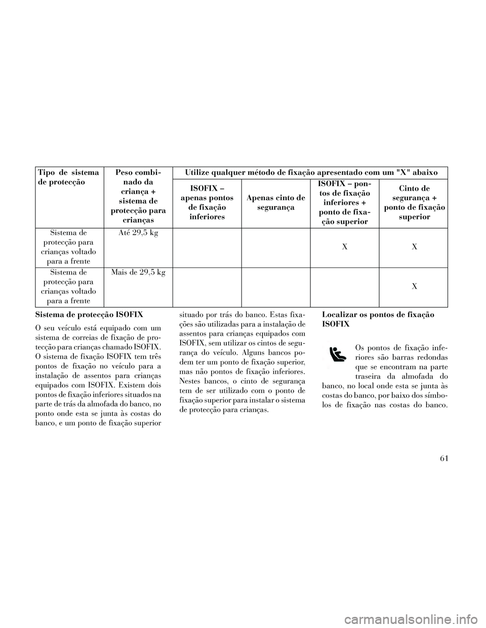 Lancia Thema 2014 Manual de Uso e Manutenção (in Portuguese) Tipo de sistema
de protecçãoPeso combi-
nado da
criança +
sistema de
protecção para crianças Utilize qualquer método de fixação apresentado com um "X" abaixo
ISOFIX –
apenas pontos de fixa Lancia Thema 2014 Manual de Uso e Manutenção (in Portuguese) Tipo de sistema
de protecçãoPeso combi-
nado da
criança +
sistema de
protecção para crianças Utilize qualquer método de fixação apresentado com um "X" abaixo
ISOFIX –
apenas pontos de fixa