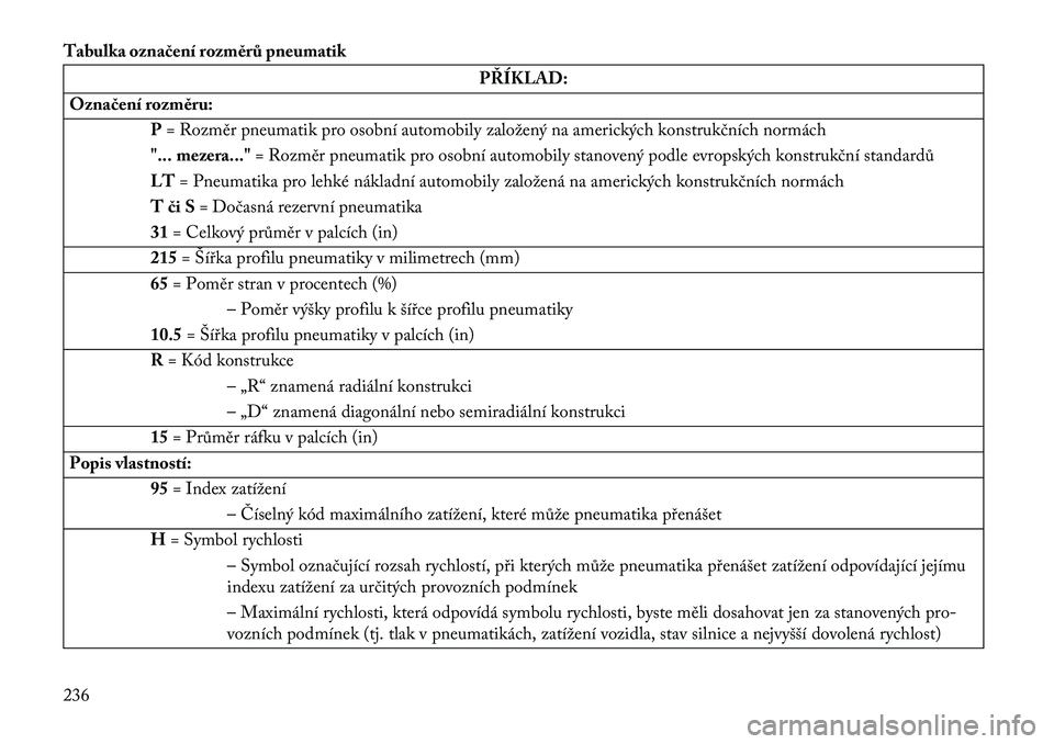 Lancia Thema 2013  Návod k použití a údržbě (in Czech) Tabulka ozna\bení rozměrů pneumatik
PŘÍKLAD:
Ozna\bení rozměru: P= Rozměr pneumatik pro osobní automobily založený na amerických konstrukčních normách
"... mezera..." = Rozměr 