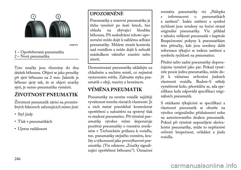 Lancia Thema 2013  Návod k použití a údržbě (in Czech) Tyto značky jsou vlisovány do dna
drážek běhounu. Objeví se jako proužky
p\bi sjetí běhounu na 2 mm. Jakmile je
běhoun sjetý tak, že se objeví značky
sjetí, je nutno pneumatiku vyměnit