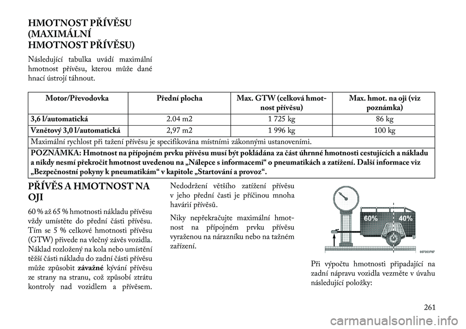Lancia Thema 2013  Návod k použití a údržbě (in Czech) HMOTNOST PŘÍV\fSU
(MAXIMÁLNÍ
HMOTNOST PŘÍV\fSU)
Následující tabulka uvádí maximální
hmotnost p\bívěsu, kterou může dané
hnací ústrojí táhnout.
Motor/PřevodovkaPřední plocha Ma