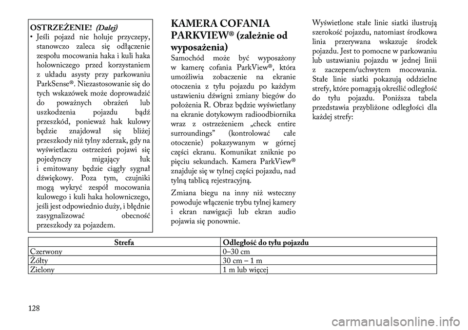 Lancia Thema 2012  Instrukcja obsługi (in Polish) OSTRZEŻENIE!(Dalej)
• Jeśli pojazd nie holuje przyczepy,
stanowczo zaleca się odłączenie 
zespołu mocowania haka i kuli haka
holowniczego przed korzystaniem
z układu asysty przy parkowaniu
Pa