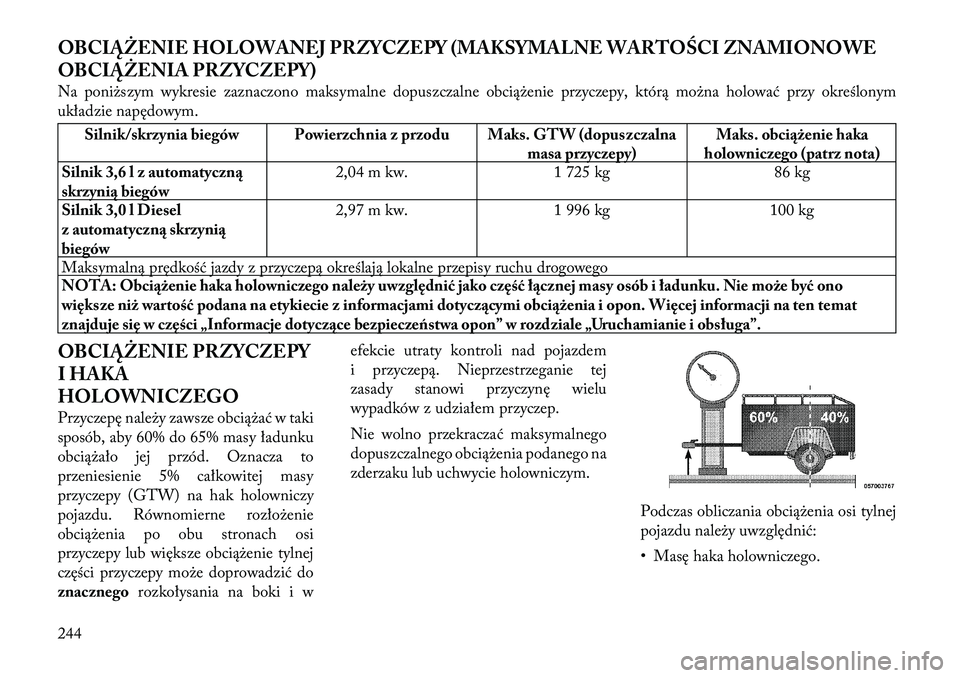 Lancia Thema 2012 Instrukcja obsługi (in Polish) OBCIĄŻENIE HOLOWANEJ PRZYCZEPY (MAKSYMALNE WARTOŚCI ZNAMIONOWE
OBCIĄŻENIA PRZYCZEPY)
Na poniższym wykresie zaznaczono maksymalne dopuszczalne obciążenie przyczepy, którą można holować pr Lancia Thema 2012 Instrukcja obsługi (in Polish) OBCIĄŻENIE HOLOWANEJ PRZYCZEPY (MAKSYMALNE WARTOŚCI ZNAMIONOWE
OBCIĄŻENIA PRZYCZEPY)
Na poniższym wykresie zaznaczono maksymalne dopuszczalne obciążenie przyczepy, którą można holować pr