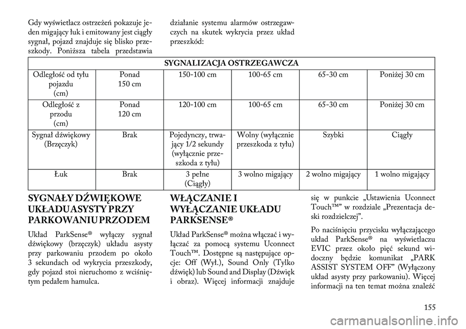 Lancia Thema 2013  Instrukcja obsługi (in Polish) Gdy wyświetlacz ostrze\beń pokazuje je-
den migający łuk i emitowany jest ciągły
sygnał, pojazd znajduje się blisko prze-
szkody. Poni\bsza tabela przedstawiadziałanie systemu alarmów ostrze