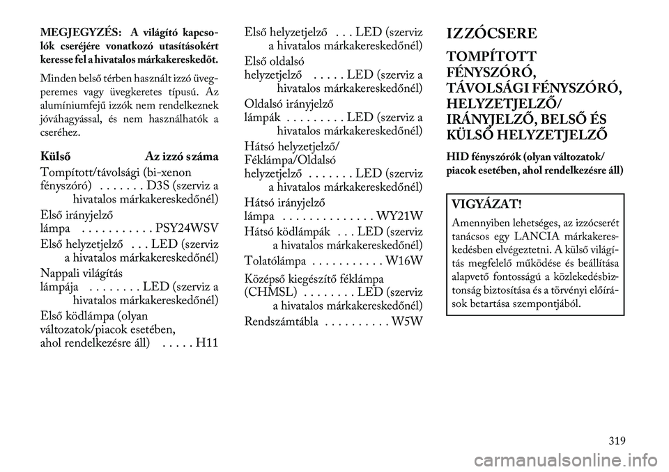 Lancia Thema 2013 Kezelési és karbantartási útmutató (in Hungarian) MEGJEGYZÉS:
A világító kapcso-
lók cseréjére vonatkozó utasításokért
keresse fel a hivatalos márkakereskedőt.
Minden belső térben használt izzó üveg-
peremes vagy üvegkeretes típus Lancia Thema 2013 Kezelési és karbantartási útmutató (in Hungarian) MEGJEGYZÉS:
A világító kapcso-
lók cseréjére vonatkozó utasításokért
keresse fel a hivatalos márkakereskedőt.
Minden belső térben használt izzó üveg-
peremes vagy üvegkeretes típus