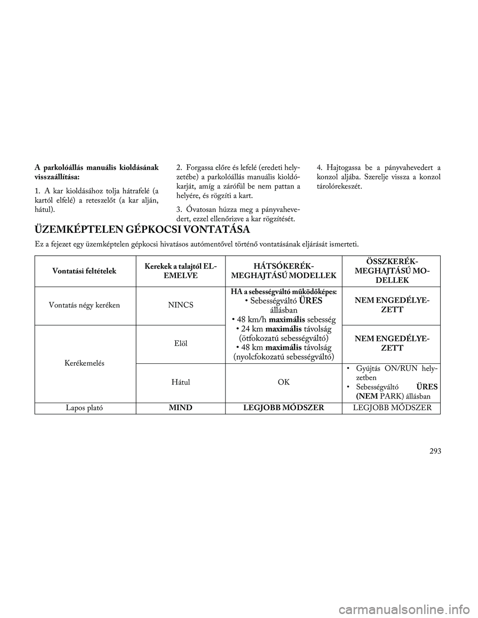 Lancia Thema 2014 Kezelési és karbantartási útmutató (in Hungarian) A parkolóállás manuális kioldásának
visszaállítása:
1. A kar kioldásához tolja hátrafelé (a
kartól elfelé) a reteszelőt (a kar alján,
hátul).2. Forgassa előre és lefelé (eredeti h Lancia Thema 2014 Kezelési és karbantartási útmutató (in Hungarian) A parkolóállás manuális kioldásának
visszaállítása:
1. A kar kioldásához tolja hátrafelé (a
kartól elfelé) a reteszelőt (a kar alján,
hátul).2. Forgassa előre és lefelé (eredeti h