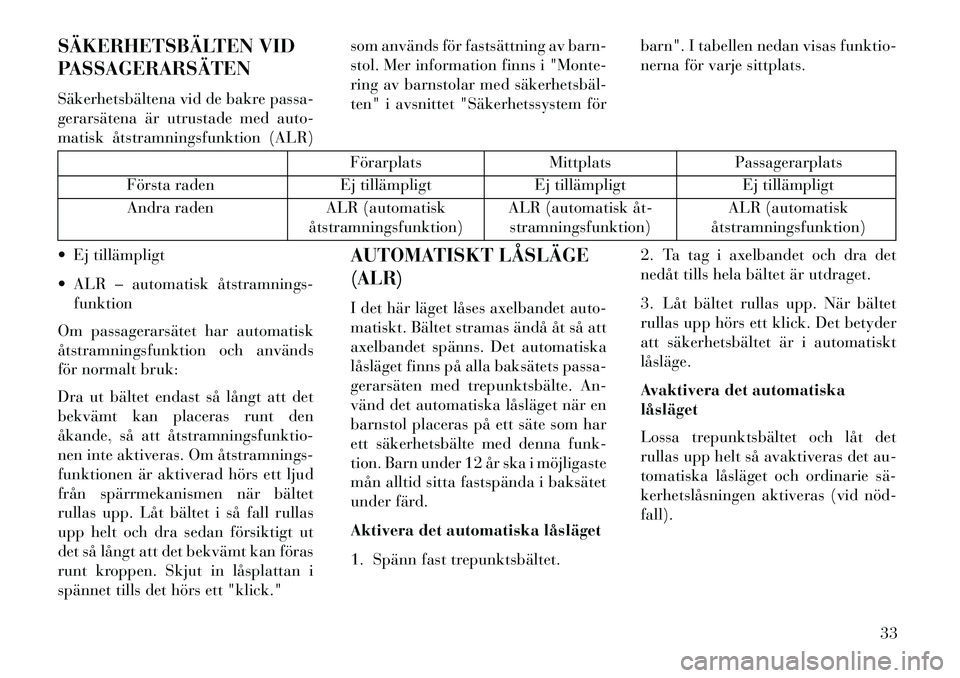 Lancia Thema 2013  Drift- och underhållshandbok (in Swedish) SÄKERHETSBÄLTEN VID
PASSAGERARSÄTEN
Säkerhetsbältena vid de bakre passa-
gerarsätena är utrustade med auto-
matisk åtstramningsfunktion (ALR)som används för fastsättning av barn-
stol. Mer 