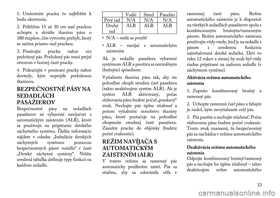 Lancia Thema 2011 Návod na použitie a údržbu (in Slovak) 1. Umiestnite pracku čo najbližšie k
bodu ukotvenia.
2. Približne 15 až 30 cm nad prackou
uchopte a skrúťte tkaninu pásu o
180 stupňov, čím vytvoríte prehyb, ktorý
sa začína priamo n Lancia Thema 2011 Návod na použitie a údržbu (in Slovak) 1. Umiestnite pracku čo najbližšie k
bodu ukotvenia.
2. Približne 15 až 30 cm nad prackou
uchopte a skrúťte tkaninu pásu o
180 stupňov, čím vytvoríte prehyb, ktorý
sa začína priamo n