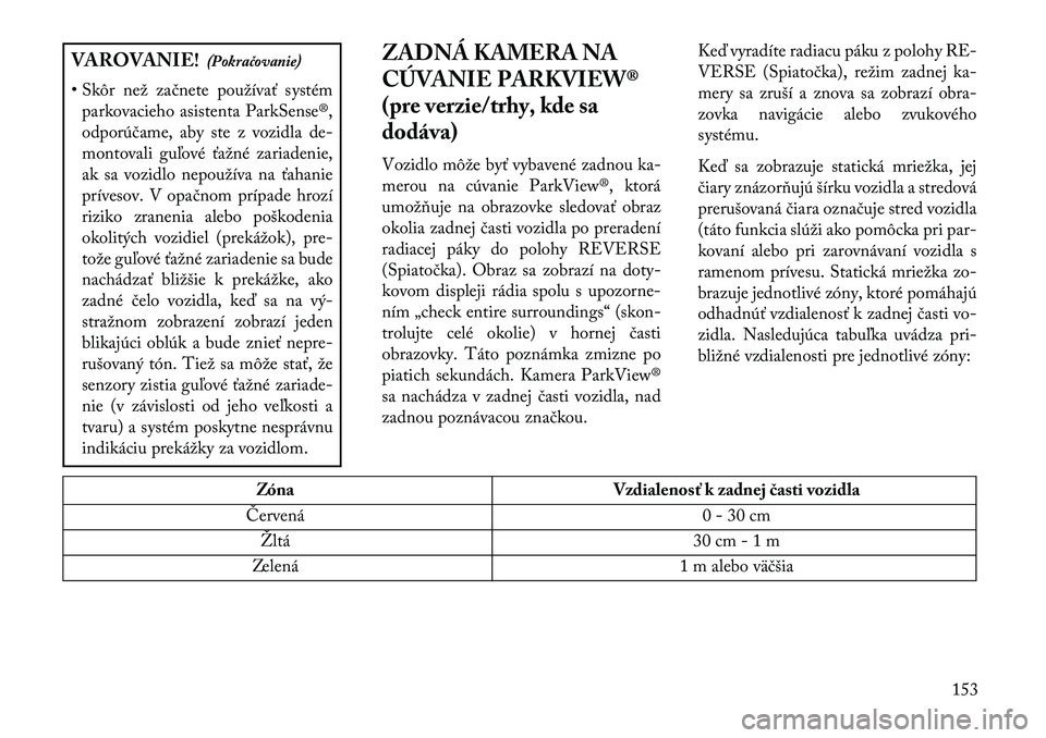 Lancia Thema 2013  Návod na použitie a údržbu (in Slovak) VAROVANIE!(Pokračovanie)
• Skôr než začnete používať systém parkovacieho asistenta ParkSense®,
odporúčame, aby ste z vozidla de-
montovali guľové ťažné zariadenie,
ak sa vozidlo nepo