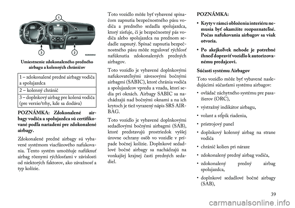 Lancia Thema 2013  Návod na použitie a údržbu (in Slovak) 1 – zdokonalené predné airbagy vodiča
a spolujazdca
2 – kolenný chránič
3 – doplnkový airbag pre kolená vodiča
(pre verzie/trhy, kde sa dodáva)
POZNÁMKA: Zdokonalené air-
bagy vodič