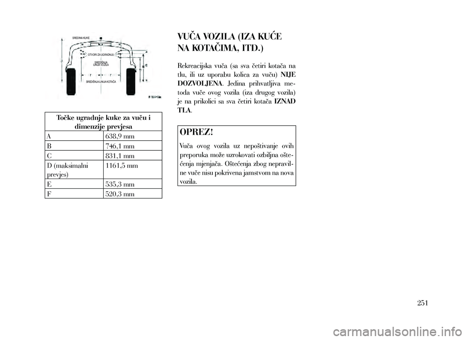 Lancia Thema 2013  Knjižica za upotrebu i održavanje (in Serbian) Točke ugradnje kuke za vuču i dimenzije prevjesa
A 638,9 mm
B 746,1 mm
C 831,1 mm
D (maksimalni 
prevjes) 1161,5 mm
E  535,3 mm
F 520,3 mm
SREDINA KUKE
OTVORI ZA UGRADNJUSREDIŠNJA
LINIJA VOZILA
SRE