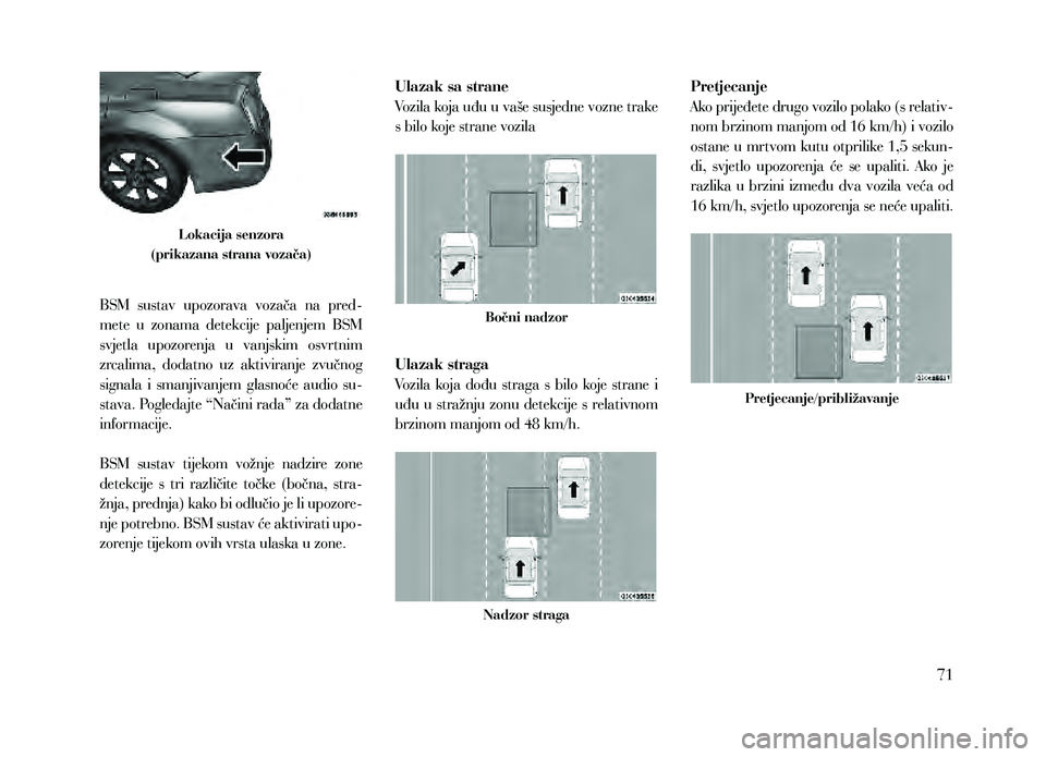 Lancia Thema 2013 Knjižica za upotrebu i održavanje (in Serbian) Lokacija senzora
(prikazana strana vozača)
BSM sustav upozorava vozača na pred-
mete u zonama detekcije paljenjem BSM
svjetla upozorenja u vanjskim osvrtnim
zrcalima, dodatno uz Lancia Thema 2013 Knjižica za upotrebu i održavanje (in Serbian) Lokacija senzora
(prikazana strana vozača)
BSM sustav upozorava vozača na pred-
mete u zonama detekcije paljenjem BSM
svjetla upozorenja u vanjskim osvrtnim
zrcalima, dodatno uz