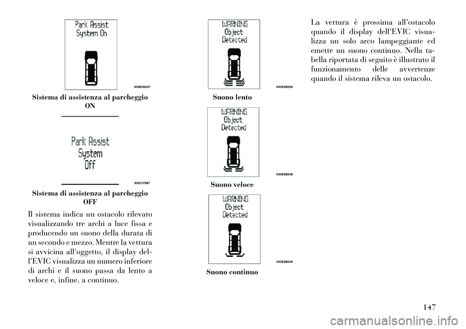 Lancia Voyager 2012 Libretto Uso Manutenzione (in Italian) Il sistema indica un ostacolo rilevato
visualizzando tre archi a luce fissa e
producendo un suono della durata di
un secondo e mezzo. Mentre la vettura
si avvicina alloggetto, il display del-
lEVIC Lancia Voyager 2012 Libretto Uso Manutenzione (in Italian) Il sistema indica un ostacolo rilevato
visualizzando tre archi a luce fissa e
producendo un suono della durata di
un secondo e mezzo. Mentre la vettura
si avvicina alloggetto, il display del-
lEVIC