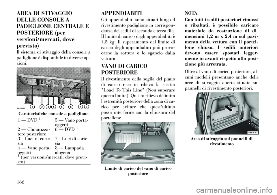 Lancia Voyager 2012 Libretto Uso Manutenzione (in Italian) AREA DI STIVAGGIO
DELLE CONSOLE A
PADIGLIONE CENTRALE E
POSTERIORE (per
versioni/mercati, doveprevisto)
Il sistema di stivaggio della console a
padiglione è disponibile in diverse op-zioni.APPENDI Lancia Voyager 2012 Libretto Uso Manutenzione (in Italian) AREA DI STIVAGGIO
DELLE CONSOLE A
PADIGLIONE CENTRALE E
POSTERIORE (per
versioni/mercati, doveprevisto)
Il sistema di stivaggio della console a
padiglione è disponibile in diverse op-zioni.APPENDI