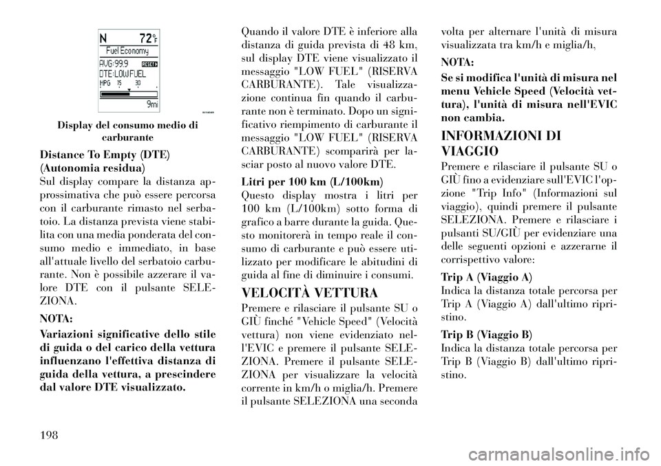 Lancia Voyager 2012 Libretto Uso Manutenzione (in Italian) Distance To Empty (DTE)
(Autonomia residua)
Sul display compare la distanza ap-
prossimativa che può essere percorsa
con il carburante rimasto nel serba-
toio. La distanza prevista viene stabi-
lita Lancia Voyager 2012 Libretto Uso Manutenzione (in Italian) Distance To Empty (DTE)
(Autonomia residua)
Sul display compare la distanza ap-
prossimativa che può essere percorsa
con il carburante rimasto nel serba-
toio. La distanza prevista viene stabi-
lita