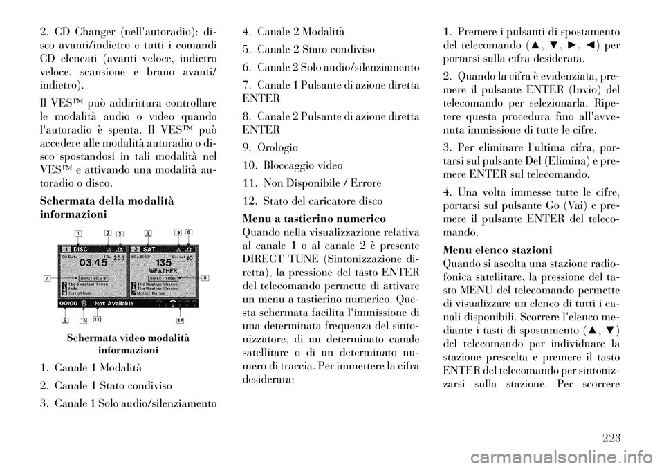 Lancia Voyager 2012 Libretto Uso Manutenzione (in Italian) 2. CD Changer (nellautoradio): di-
sco avanti/indietro e tutti i comandi
CD elencati (avanti veloce, indietro
veloce, scansione e brano avanti/
indietro).
Il VES™ può addirittura controllare
le Lancia Voyager 2012 Libretto Uso Manutenzione (in Italian) 2. CD Changer (nellautoradio): di-
sco avanti/indietro e tutti i comandi
CD elencati (avanti veloce, indietro
veloce, scansione e brano avanti/
indietro).
Il VES™ può addirittura controllare
le