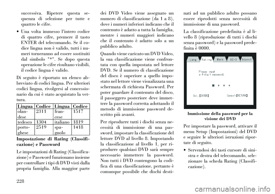 Lancia Voyager 2012 Libretto Uso Manutenzione (in Italian) successiva. Ripetere questa se-
quenza di selezione per tutte e
quattro le cifre.
Una volta immesso lintero codice di quattro cifre, premere il tasto
ENTER del telecomando. Se il co-
dice lingua n Lancia Voyager 2012 Libretto Uso Manutenzione (in Italian) successiva. Ripetere questa se-
quenza di selezione per tutte e
quattro le cifre.
Una volta immesso lintero codice di quattro cifre, premere il tasto
ENTER del telecomando. Se il co-
dice lingua n